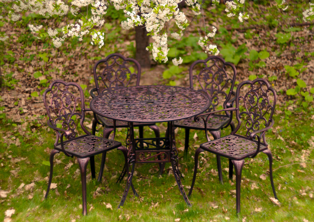 Корсика нью литой обеденный комплект садовой мебели, садовое кресло и стол из металла, литая мебель из металла для дачи, мебель для летних веранд кафе