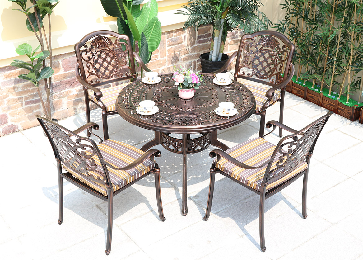 Круглый садовый столик со стульями из металла на террасу, кованая садовая мебель из чугуна, чайные наборы мебели в кафе бистро, стол и стулья для дачи в беседку