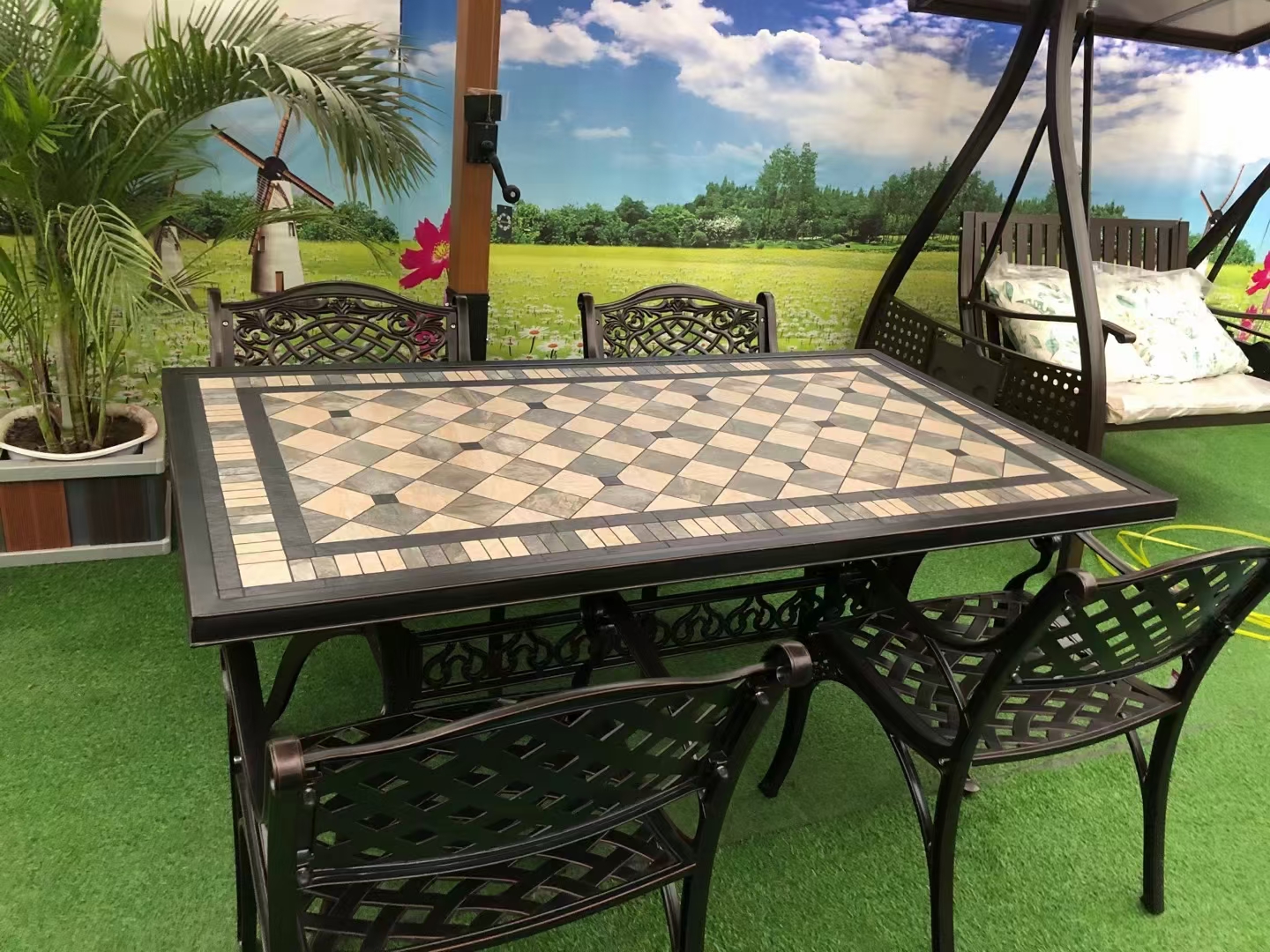 Стол Кантри с мозаикой обеденный, металлическая садовая мебель из литого алюминия, стол с плиткой на дачу, мебель для ресторанов и пансионатов, уличный стол в столовую