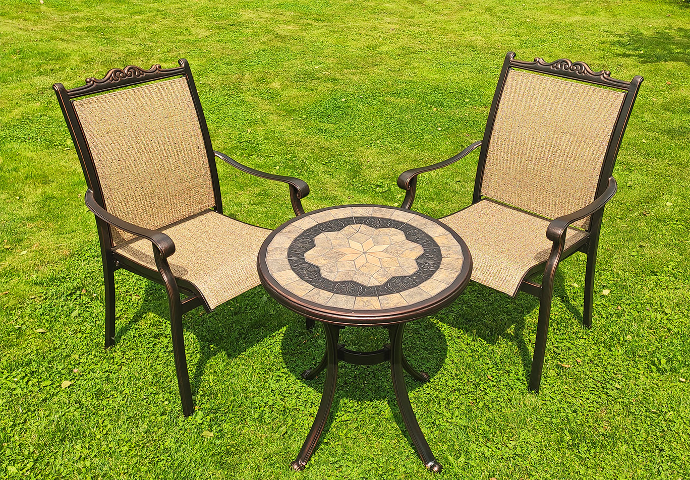 Садовая мебель из литого алюминия с текстиленом, стол и стулья на веранду, мебель для сезонных кафе и ресторанов, металлический шезлонг с плетением, мозаичный столик и стулья