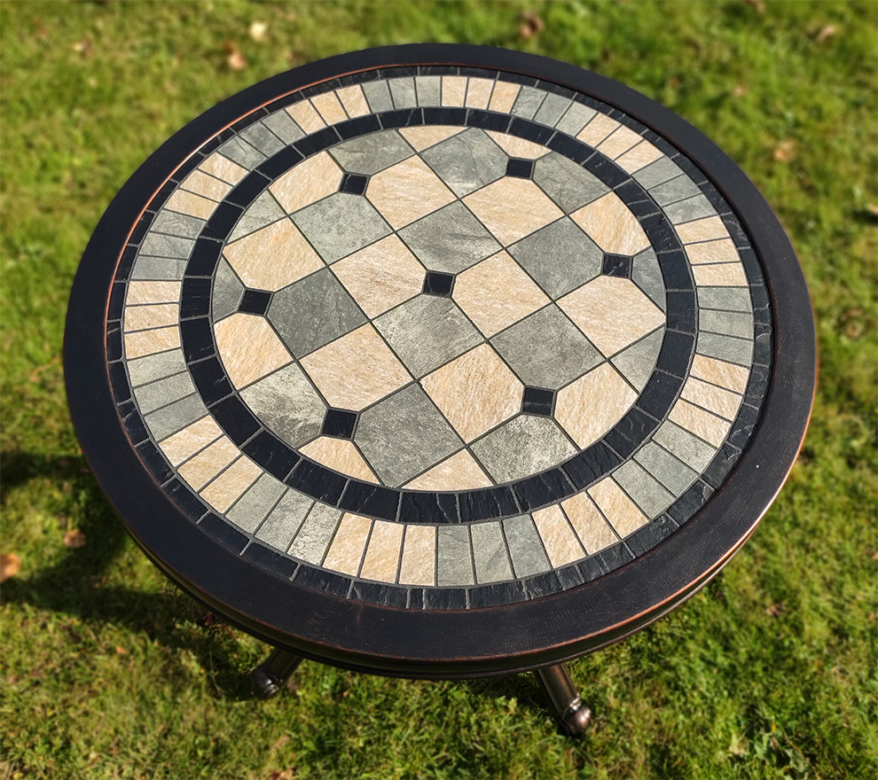 Стол с мозаикой на крыльцо, круглый столик для улицы с плиткой в сад, садовая мебель с камнем, стол для кафе круглый уличный