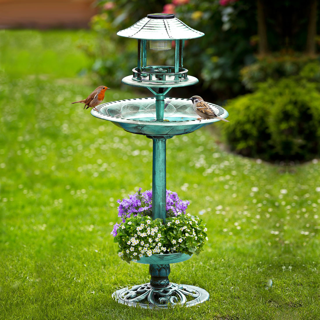 Кормушка - поилка для птиц с фонариком, декор сада, птичья ванна, садовая скульптура, украшение для дачи, фонтанчик для сада, птичий домик, садовый фонарь, светильник в сад