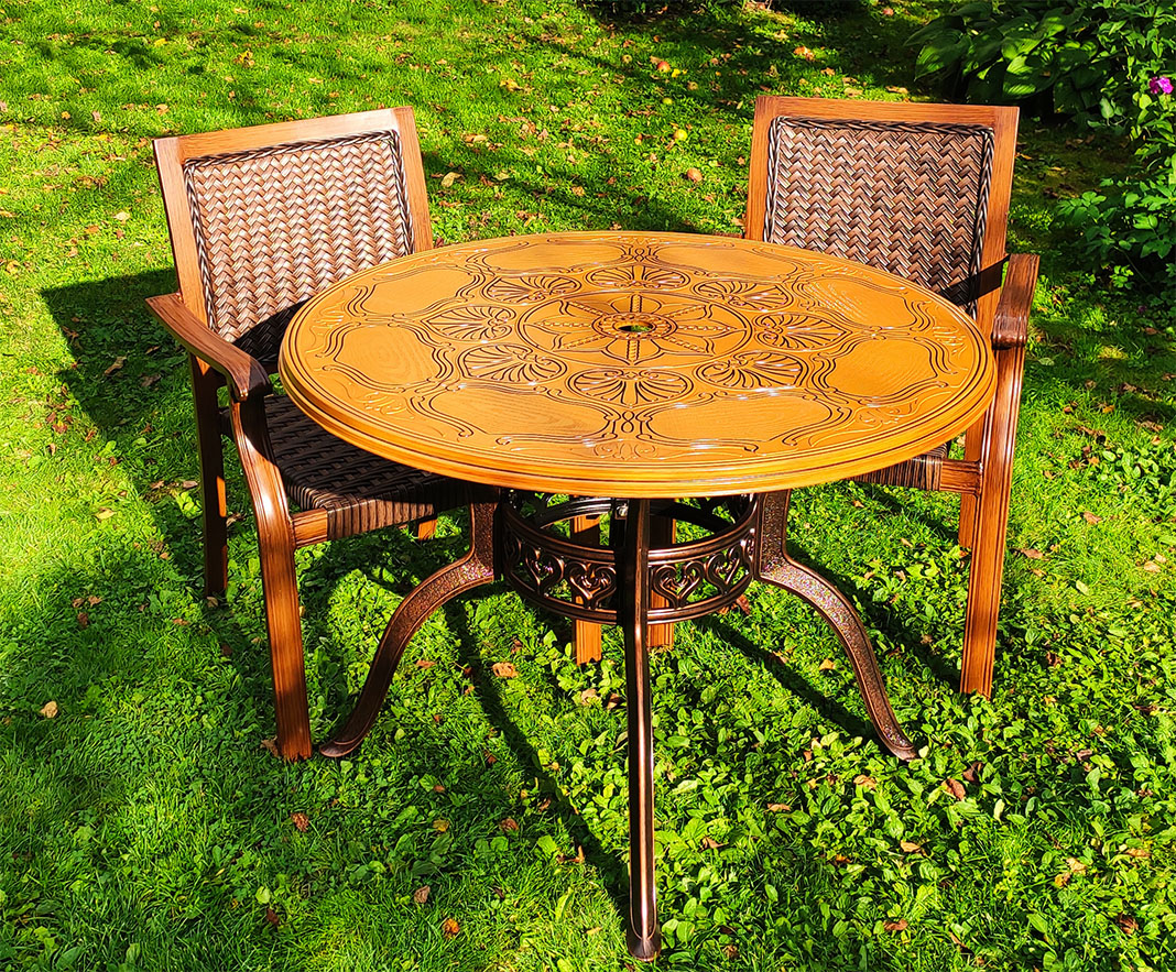 Стол из металла и стулья ротанг уличные, садовая мебель из металла и с плетением, обеденный комплект плетеной мебели в беседку, стол и кресла на веранду и террасу