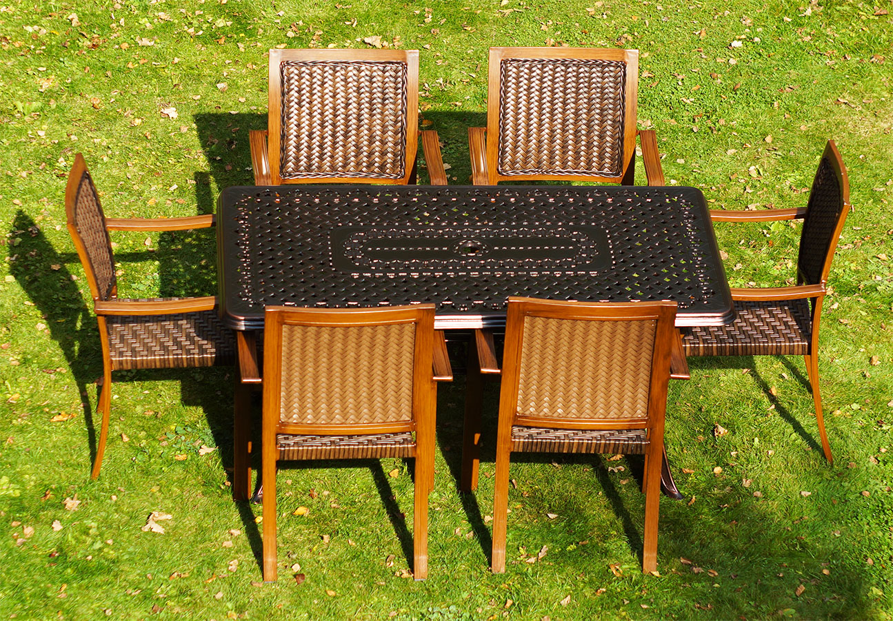 Обеденный комплект садовой мебели с плетеными креслами, мебель для летних кафе HoReCa, стол и кресла на веранду, кованая мебель из литого алюминия для улиц