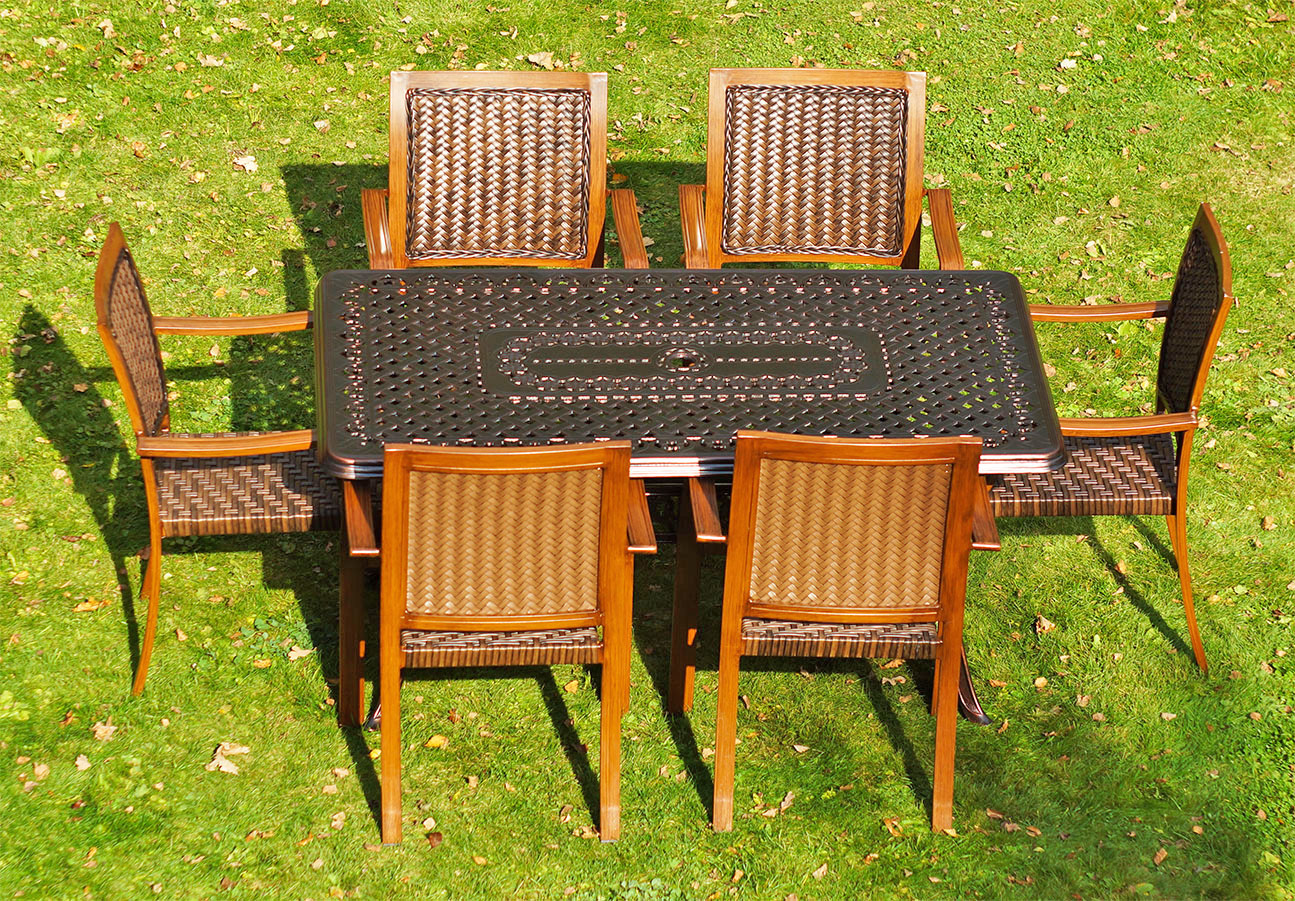 Обеденный комплект металлической садовой мебели с плетеными креслами, уличная мебель для летних кафе HoReCa, обеденный стол и кресла на веранду, чугунная кованая мебель из литого алюминия для улиц