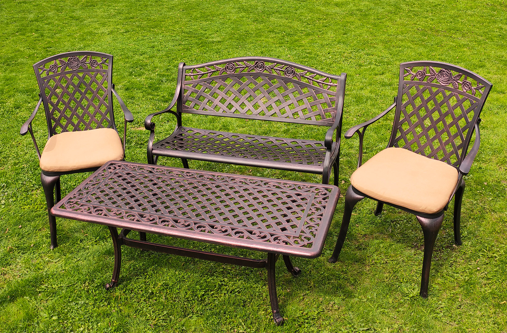 Комплект металлической садовой мебели из литого алюминия Конвессо-2, легкосплавные стулья и столы для дачи и сада, ажурная уличная чугунная мебель, литая садовая скамейка со столом и стульями