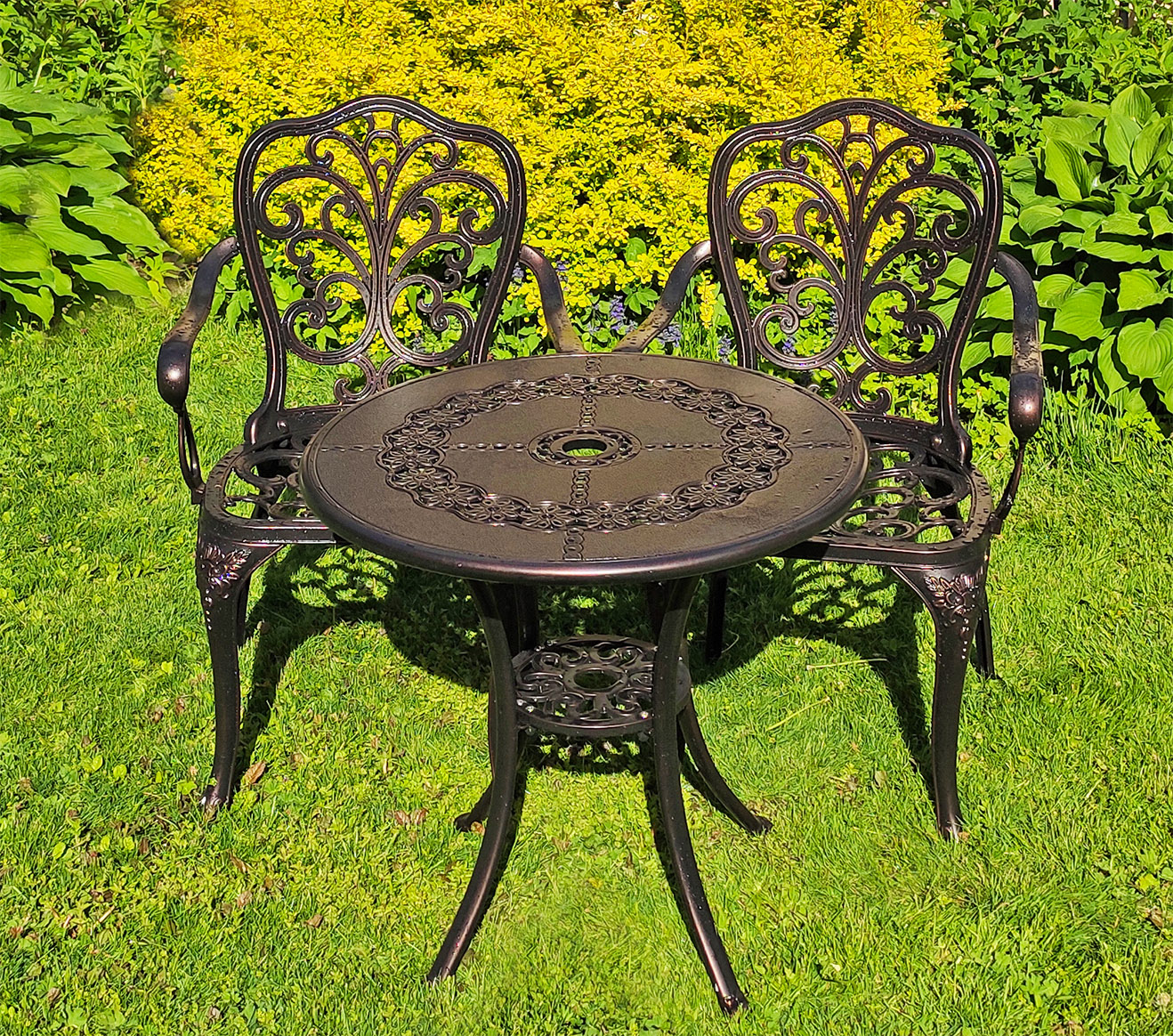 Чайный комплект садовой мебели, стол и стулья в беседку, мебель для сезонных кафе, чугунная мебель из литого алюминия, кованый стол из металла, мебель для летних веранд, кованые кресла