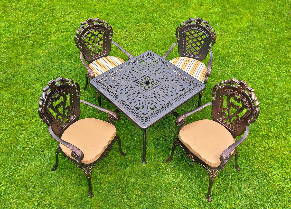 Мебель для пансионатов и летних веранд кафе и ресторанов, кованый стол и кресла для сада, чугунная мебель из литого алюминия от производителя, ажурный стол со стульями прованс, садовая мебель для дачи
