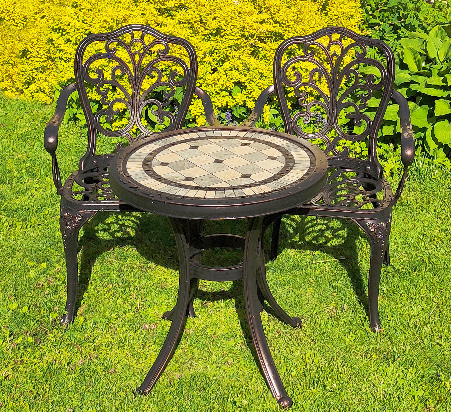 Чайный комплект садовой мебели из металла, стол с керамической плиткой для сада, набор мебели в беседку, кованые кресла из литого алюминия и чугуна, столы и стулья для летних кафе, мебель патио, 