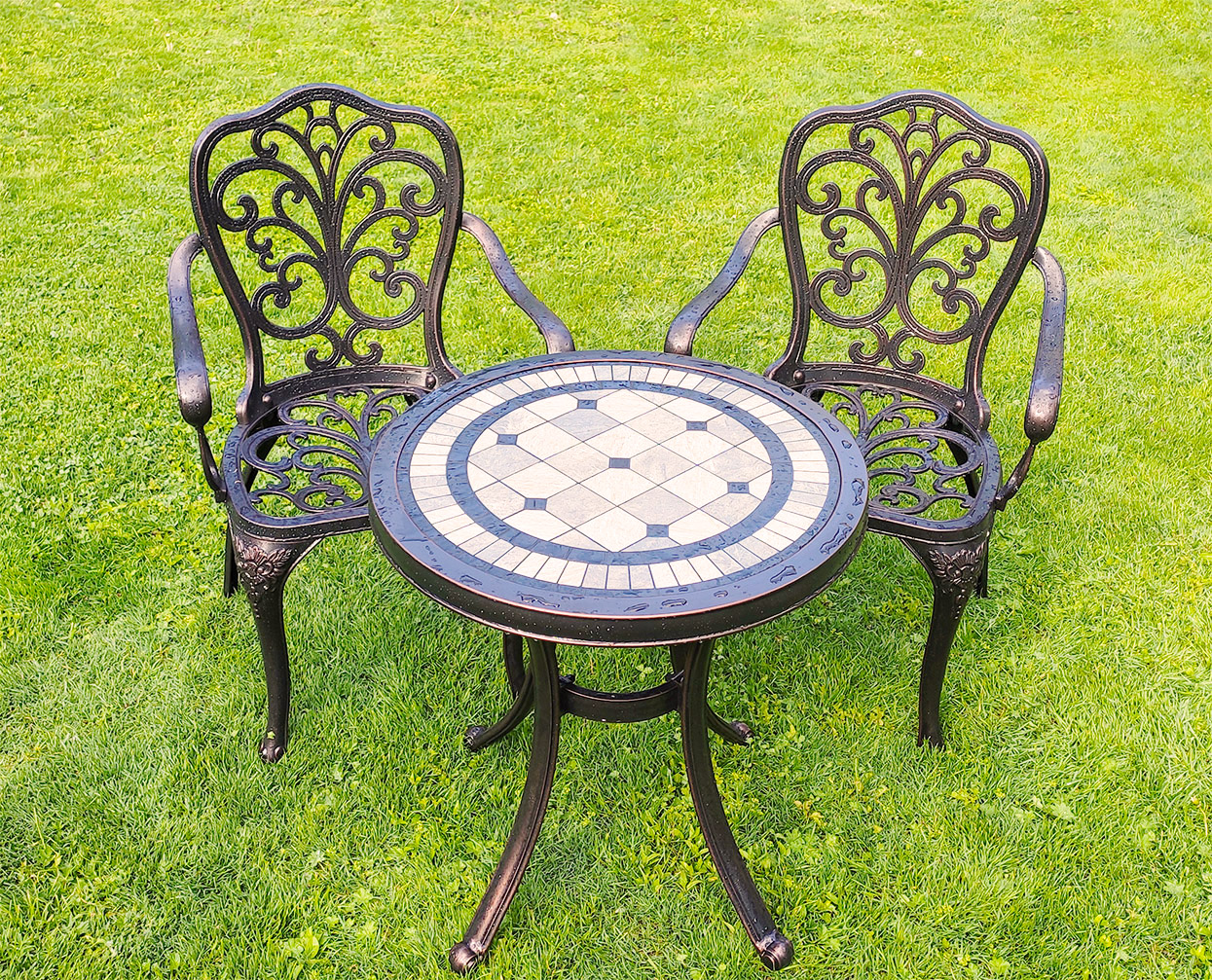 Комплект садовой мебели для дачи, чайный набор стол и стулья из металла, металлическая мебель патио, садовый стол с мозаикой, кованые стулья для сада, мебель для летних кафе, столы и стулья для улицы, ажурные кресла для сада