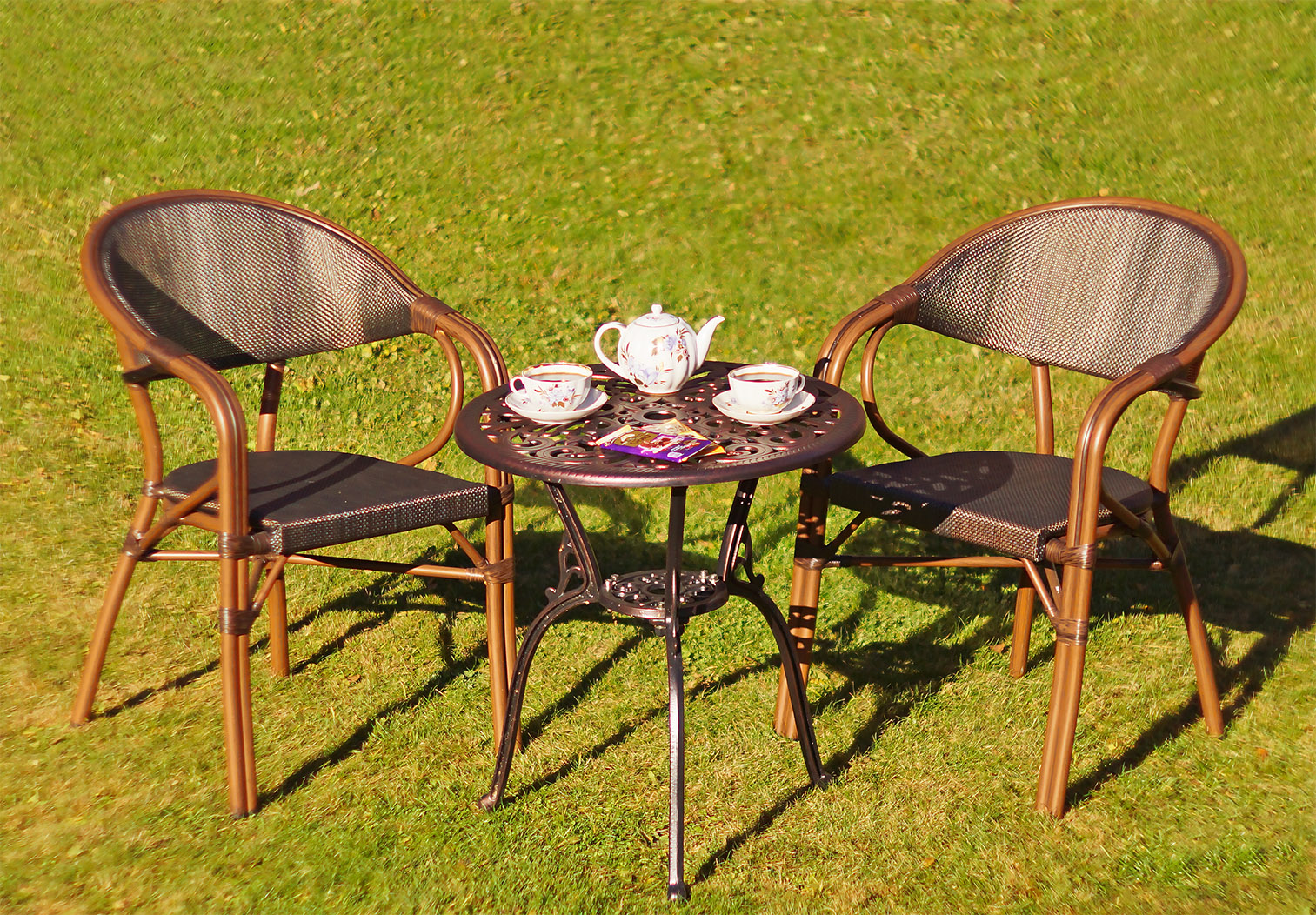 Чайный комплект садовой мебели с ротангом, круглый ажурный стол для сада из металла с плетёными креслами, мебель для летних кафе, уличные столы и стулья на дачу, кованая мебель с ротангом, садовые плетёные кресла
