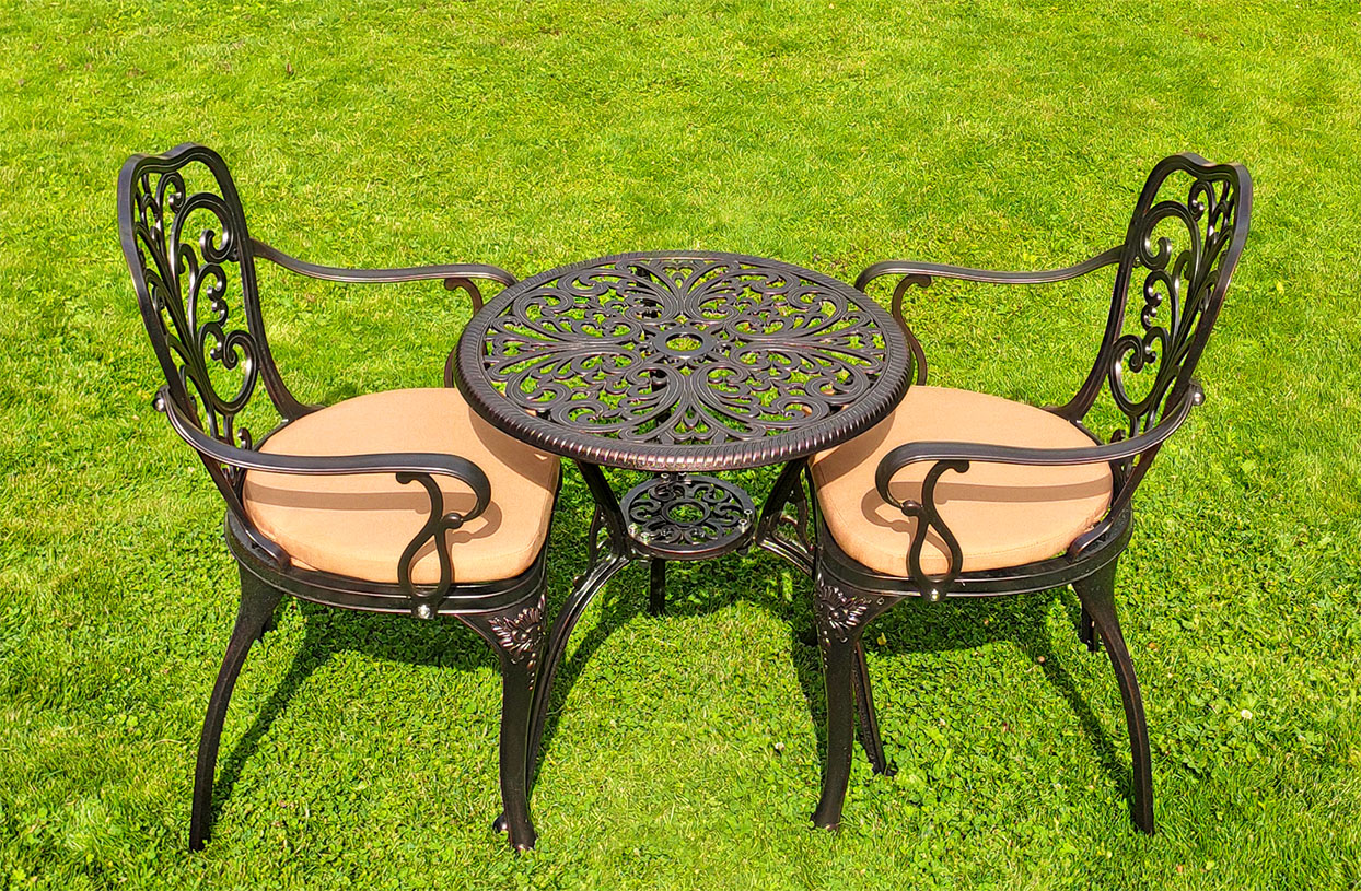 Чайный комплект ажурной садовой мебели на двоих, Круглый кованый стол с креслами из литого алюминия, металлическая мебель для сада, столы и стулья для улицы чугунное литьё