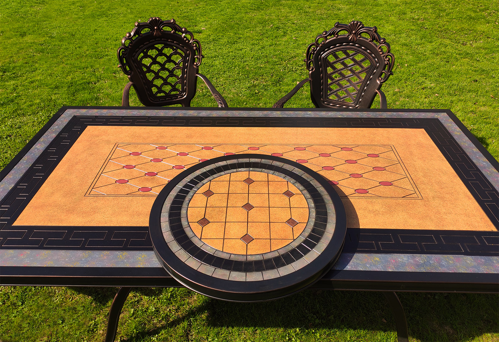 Стол для сада из металла обеденный, уличный стол с мозаикой, садовая мебель из литого алюминия, стол с керамикой на столешнице, кованый стол с мозаикой 