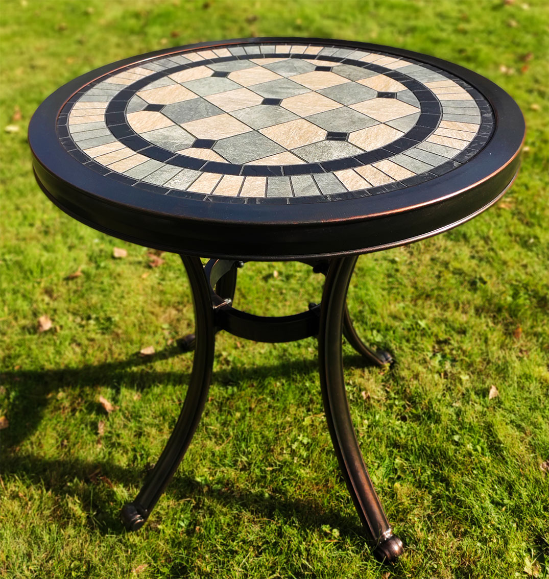 Стол с мозаикой круглый, садовый стол с камнем, мозаичный стол в сад, мебель для дачи и сада, столы для кафе бистро, мебель патио