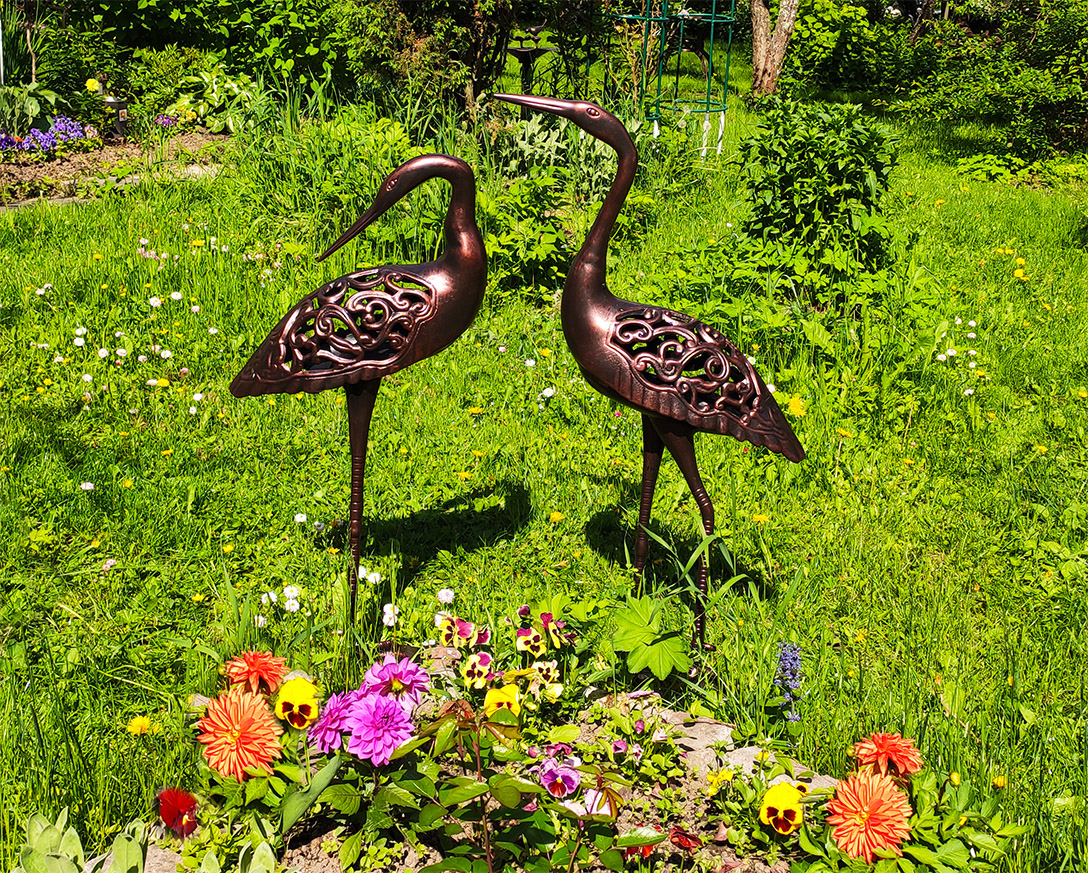 Парковая скульптура из литого металла, декор сада, украшение загородного дома, скульптура две цапли для сада, цапли символ долголетия