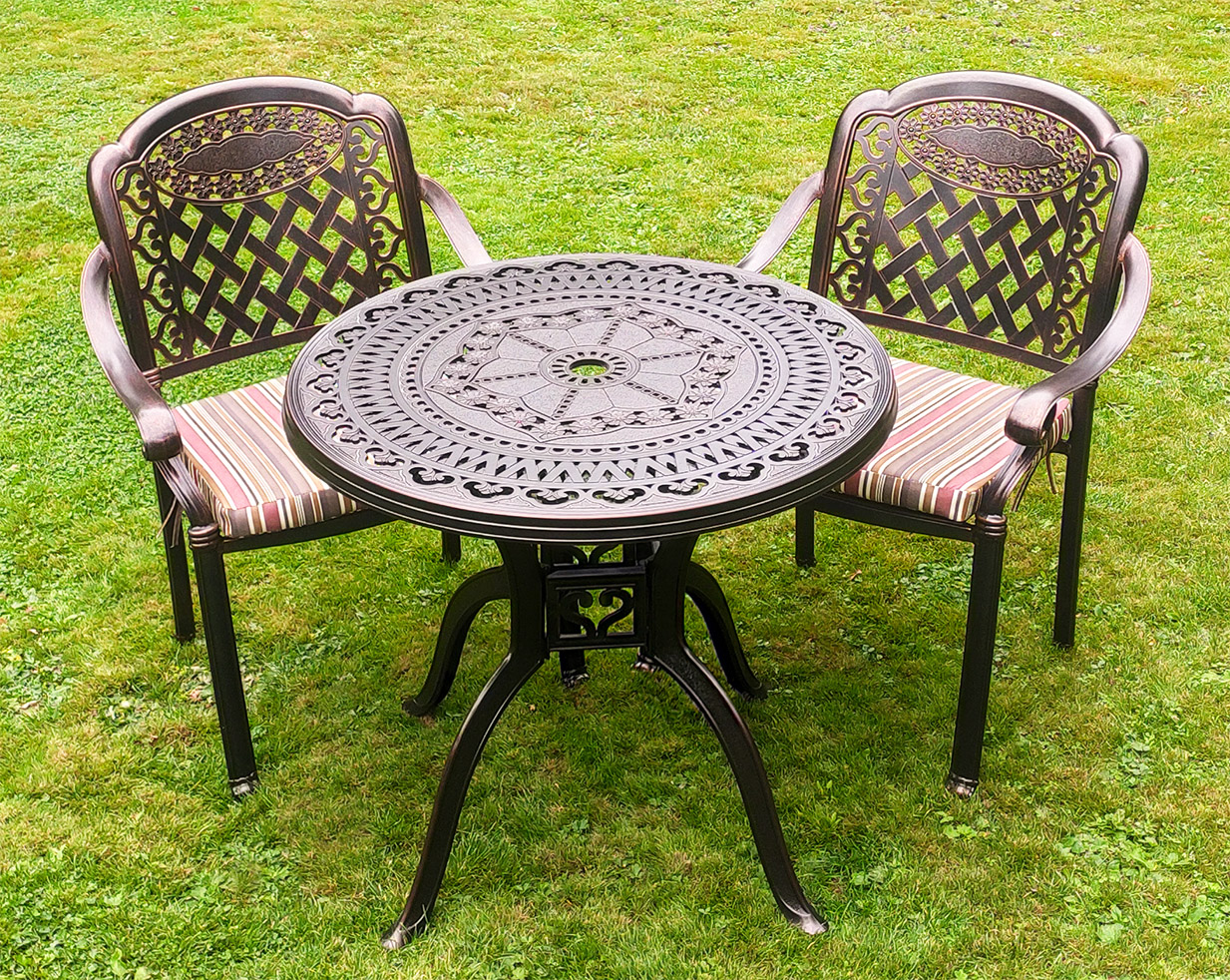Кованый круглый стол для сада из литого алюминия, чайный комплект металлической уличной мебели, ажурный садовый стол с креслами в беседку, кемпинговая мебель, чугунные столы и стулья